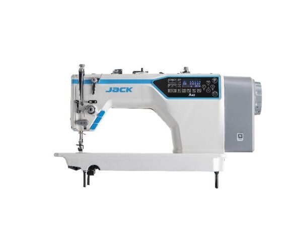 Dixie Tailoring Supply The JACK A4B Computerized Auto Cut Lockstitch Machine, a staple at Tailor Products, features a digital display with control buttons and side motor housing—ideal for tailoring stores seeking precision and efficiency. Tailoring Supplies