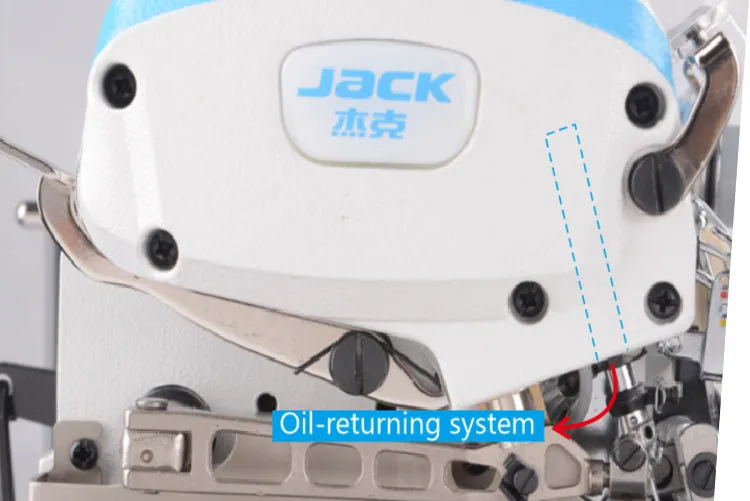 Dixie Tailoring Supply Close-up of a Jack E4 Industrial Overlock/Serger Sewing Machine part, highlighting the Oil-returning system component with a blue label and dashed line. Tailoring Supplies