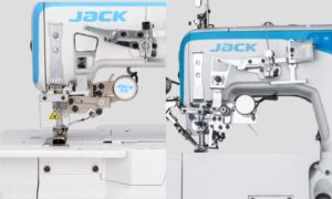 Dixie Tailoring Supply Two Jack W4 UT01 Automatic Flat Bed Coverstitch Industrial Sewing Machines, blue and white, labeled "JACK," are displayed from front and side angles against a plain background. Tailoring Supplies