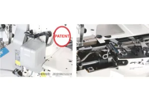 Dixie Tailoring Supply Close-up of the Jack K5 UT01GB Automatic Cylinder Arm Coverstitch Industrial Sewing Machine mechanism, featuring a "PATENT" label and patent number 201910032322.8 highlighted in yellow text. Tailoring Supplies