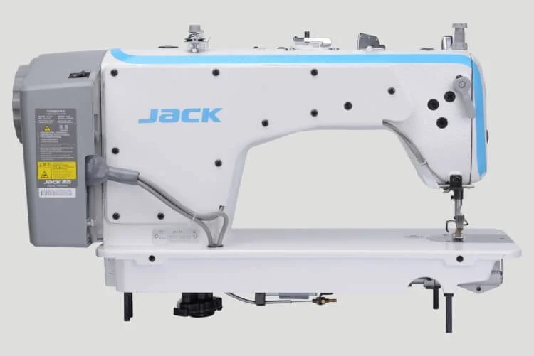 Dixie Tailoring Supply JACK A2S Automatic Industrial Single Needle Sewing Machine, featuring a white and blue exterior, is displayed from a side view against a plain background. Tailoring Supplies