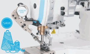 Dixie Tailoring Supply Close-up of the Jack K4 UT Automatic Coverstitch Sewing Machine showing threading details and a safety warning sticker; illustrated thread spools and a “SAVE” icon are also visible. Tailoring Supplies