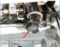 Dixie Tailoring Supply Close-up view of a JAPANFUJI DU 1181 BRAND NEW WALKING FOOT SEWING MACHINE in a mechanical assembly, with a red arrow pointing to the pump and labeled accordingly. Tailoring Supplies