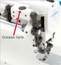 Dixie Tailoring Supply Close-up of the JAPANFUJI DU 1181 BRAND NEW WALKING FOOT SEWING MACHINE, with a red arrow pointing to the clearly labeled grease tank. Tailoring Supplies