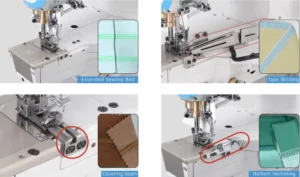 Dixie Tailoring Supply Four images display features of the Jack K5 UT01GB Automatic Cylinder Arm Coverstitch Sewing Machine: extended sewing bed, tape binding, cover seam, and bottom hemming, each labeled with fabric examples. Tailoring Supplies