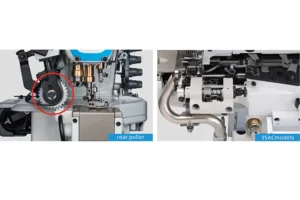 Dixie Tailoring Supply Side-by-side close-ups of the Jack K5 UT01GB Automatic Cylinder Arm Coverstitch Industrial Sewing Machine, labeled "rear puller" on the left and "35AC models" on the right, highlighting gears and mechanical components. Tailoring Supplies