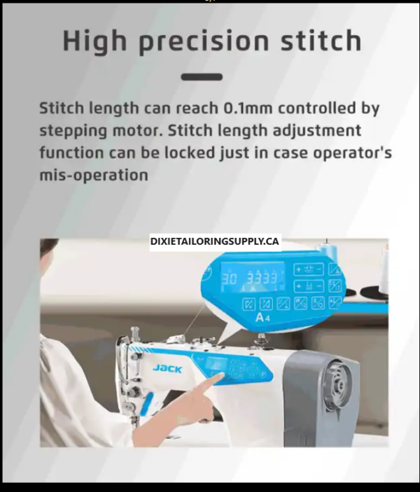 Dixie Tailoring Supply The JACK A4B Computerized Auto Cut Lockstitch Machine features a digital display for stitch controls, high-precision stitch length, and an operator safety lock, making it ideal for any tailoring store. Tailoring Supplies