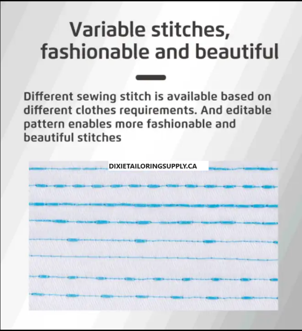 Dixie Tailoring Supply Image of text on sewing stitches next to blue stitches on white fabric, featuring the JACK A4B Computerized Auto Cut Lockstitch Machine. It explores stitch options for crafting stylish clothing and emphasizes how the tailoring machine enhances creativity with tailor-made options. Tailoring Supplies