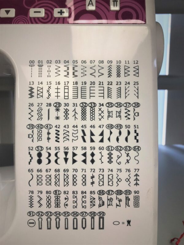 Dixie Tailoring Supply Close-up of a PROGRAMMABLE PATTERNING DOMESTIC SEWING MACHINE stitch panel, ideal for tailoring stores, featuring various stitch patterns labeled with numbers. Tailoring Supplies