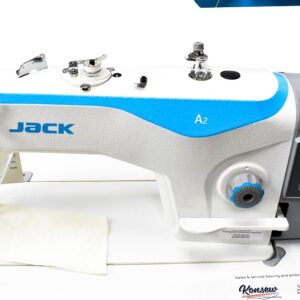 Dixie Tailoring Supply The JACK A2 Auto Thread Cutter, an industrial sewing machine in white and blue, is perfect for any tailoring store, featuring a partially sewn fabric piece beneath its needle. Tailoring Supplies