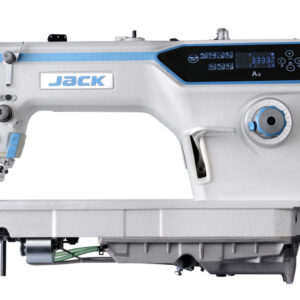 Dixie Tailoring Supply A close-up of the JACK A6F Automatic Needle Feed Industrial Sewing Machine, featuring a white design with blue accents, a digital screen, and control buttons—ideal for any tailoring store. Tailoring Supplies