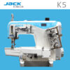 Dixie Tailoring Supply The JACK K5-D-01 regular cylinder arm industrial coverstitch sewing machine by Jack Benelux is set against a blue background, making it ideal for any tailoring store. Tailoring Supplies