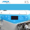 Dixie Tailoring Supply Close-up of the JACK K5-D-01 Regular Cylinder Arm Industrial Coverstitch Sewing Machine in blue and white, ideal for tailoring stores. It features a digital control panel with "K5" and "Jack Benelux," buttons, and a display screen to enhance precision in tailoring products. Tailoring Supplies