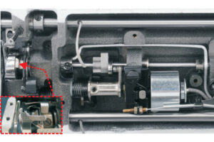 Dixie Tailoring Supply Close-up view of the Jack A2 Auto Thread Cutter Industrial Sewing Machine's mechanical assembly featuring metal rods, springs, and components; inset displays a detailed section of a smaller mechanism. Tailoring Supplies