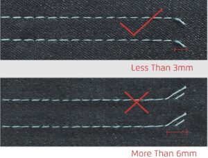 Dixie Tailoring Supply Close-up of fabric stitched with the Jack A6F Automatic Needle Feeding Industrial Sewing Machine shows correct seam allowance under 3mm (✔) and incorrect seam allowance over 6mm (✘). Tailoring Supplies