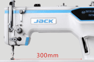 Dixie Tailoring Supply Close-up of the Jack A6F Automatic Needle Feeding Industrial Sewing Machine, white with a blue accent, showing a 300mm measurement in red beneath the needle area. Tailoring Supplies