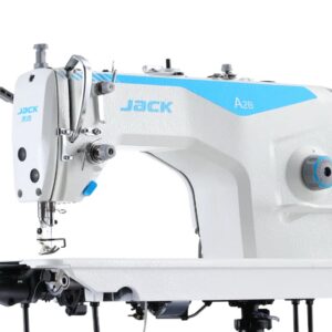 Dixie Tailoring Supply The Jack A2B Auto Thread Cutter Industrial Sewing Machine in white and blue is displayed from a side angle, highlighting its needle, presser foot, and machine controls. Tailoring Supplies