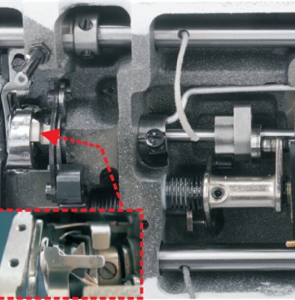 Dixie Tailoring Supply Close-up of the Jack A2B Auto Thread Cutter Industrial Sewing Machine's mechanical components, showing interconnected metal parts and rods, with an inset highlighting a specific section for detail. Tailoring Supplies