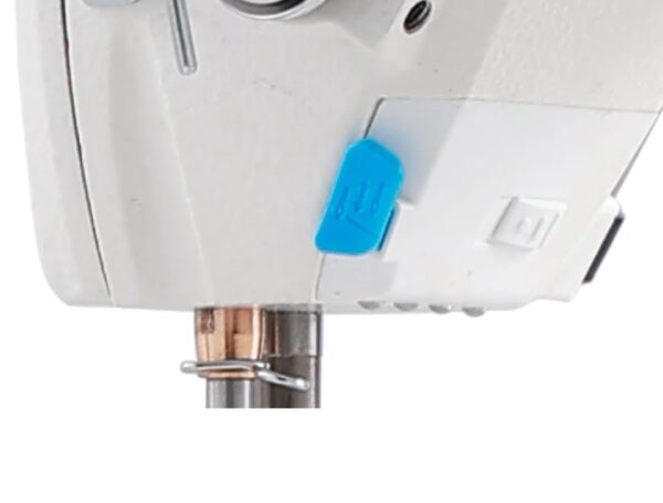 Dixie Tailoring Supply Close-up of the Jack A2 Auto Thread Cutter Industrial Sewing Machine featuring a white body, blue lever, metal components, knob, and mounting on a vertical pole. Tailoring Supplies