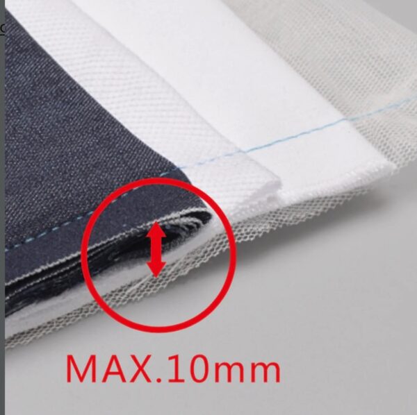 Dixie Tailoring Supply A close-up of multiple fabric layers stacked, a red arrow showing thickness, and the text “MAX. 10mm” underneath, highlighting the Jack A2B Auto Thread Cutter Industrial Sewing Machine's sewing capacity. Tailoring Supplies
