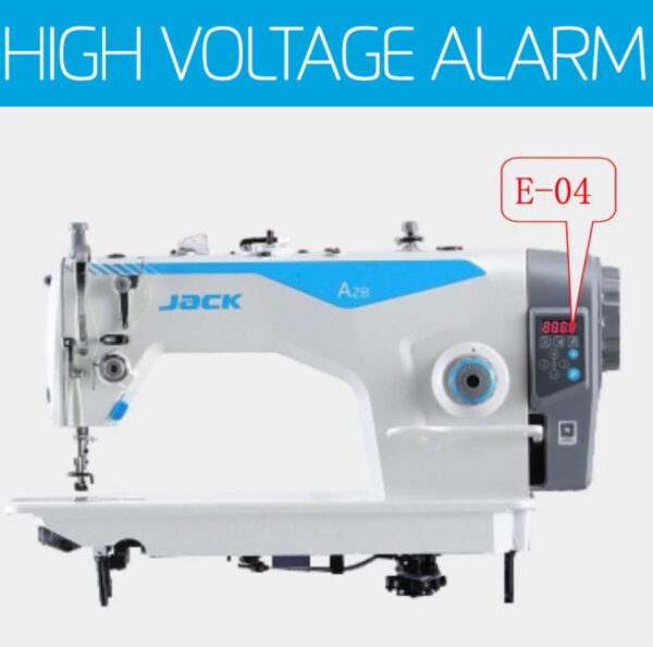 Dixie Tailoring Supply The Jack A2 Auto Thread Cutter Industrial Sewing Machine shows error code "E-04" on the control panel, with a "HIGH VOLTAGE ALARM" warning above. Tailoring Supplies