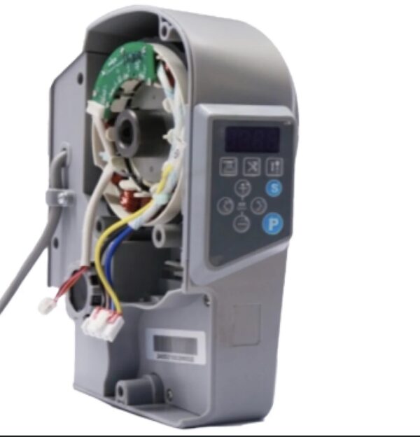 Dixie Tailoring Supply A gray Jack A2 Auto Thread Cutter Industrial Sewing Machine with its front cover open, revealing internal wiring and circuit boards. The display panel and control buttons are visible on the right side. Tailoring Supplies