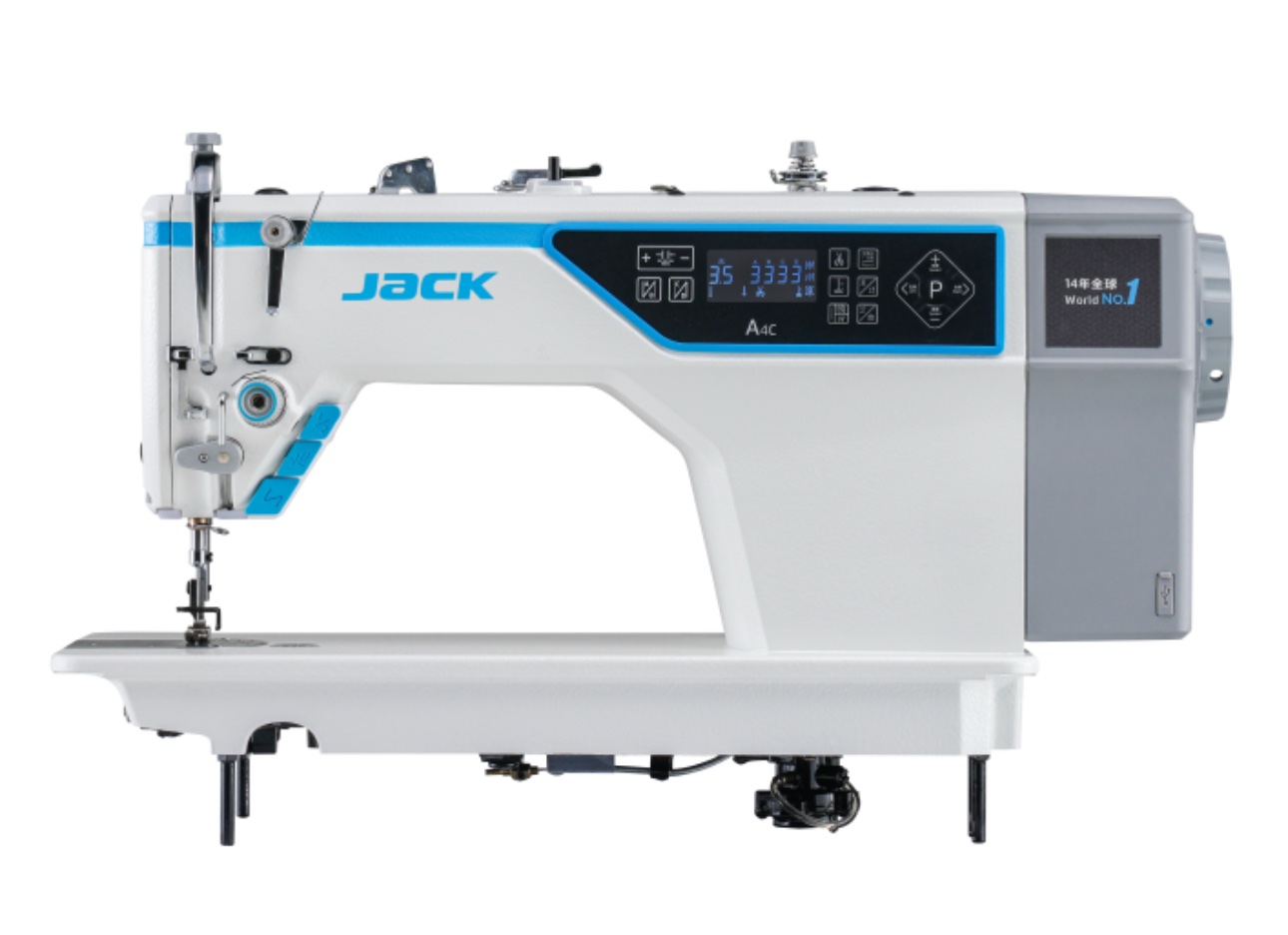 Dixie Tailoring Supply Industrial sewing machine with digital display, labeled "JACK," featuring blue accents and various control buttons and dials. Tailoring Supplies
