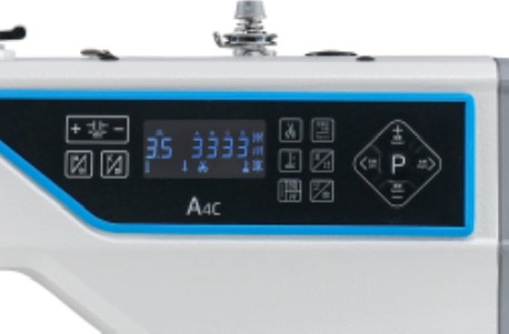 Dixie Tailoring Supply Close-up of a sewing machine control panel displaying settings on a digital screen with various buttons and indicators visible. Tailoring Supplies