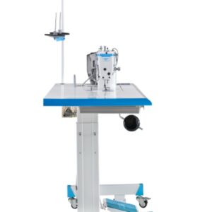 Dixie Tailoring Supply Side view of an industrial sewing machine with a blue and white table, thread stand, foot pedal, and wheels for mobility. Tailoring Supplies