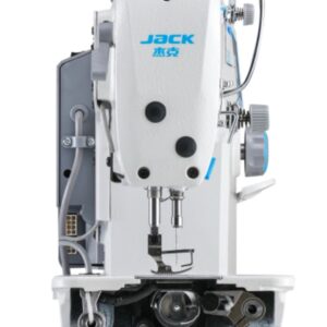 Dixie Tailoring Supply Front view of a white industrial sewing machine with blue "JACK" branding, featuring dual needle setup and metal components, shown isolated on a white background. Tailoring Supplies