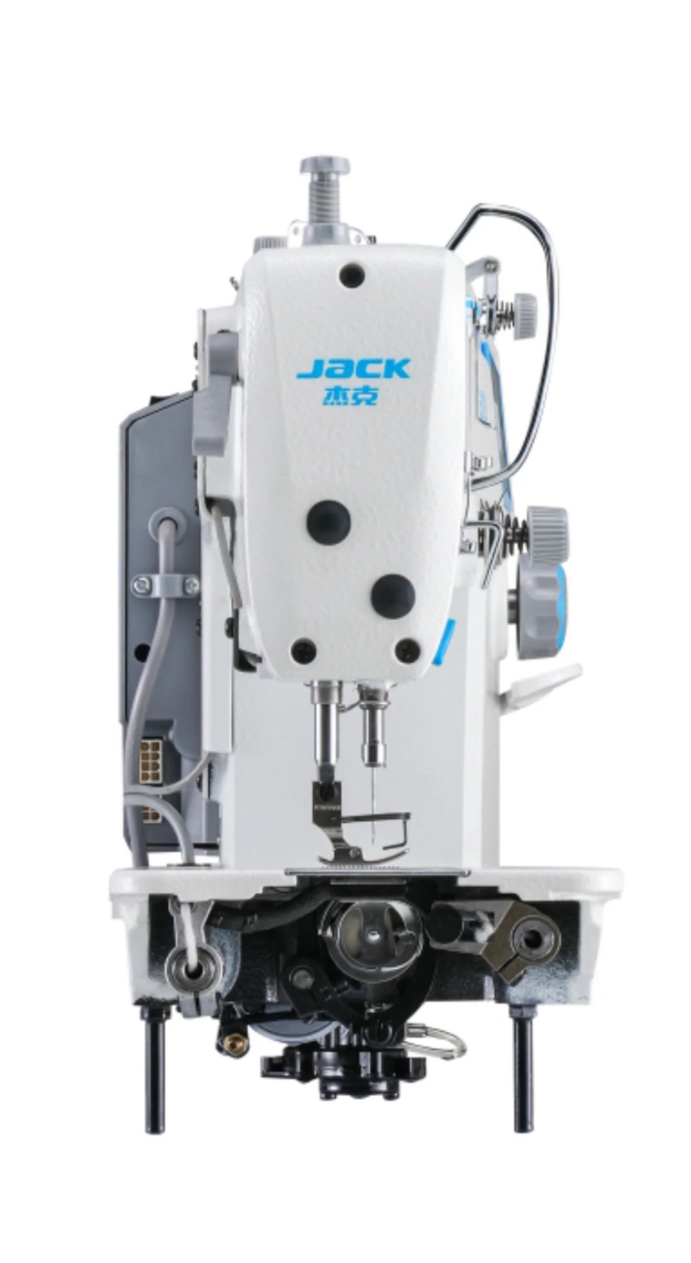 Dixie Tailoring Supply Front view of a white industrial sewing machine with blue "JACK" branding, featuring dual needle setup and metal components, shown isolated on a white background. Tailoring Supplies