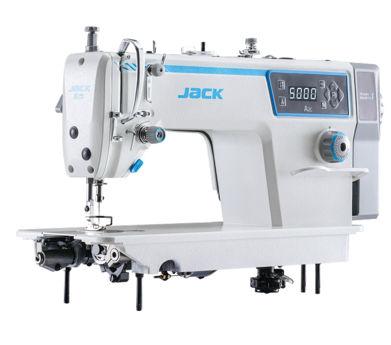 Dixie Tailoring Supply A white and blue industrial sewing machine labeled "JACK," featuring a digital display and various control knobs and buttons. Tailoring Supplies