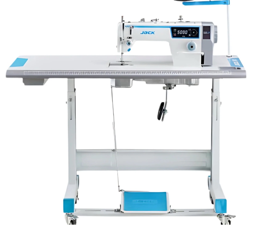 Dixie Tailoring Supply Industrial sewing machine with a digital display, metal frame, blue accents, attached worktable, and foot pedal, viewed from the front against a white background. Tailoring Supplies